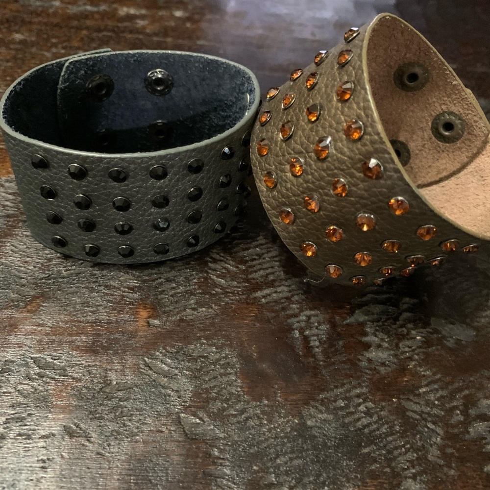 Brown leather cuff bracelet with brown rhinestones